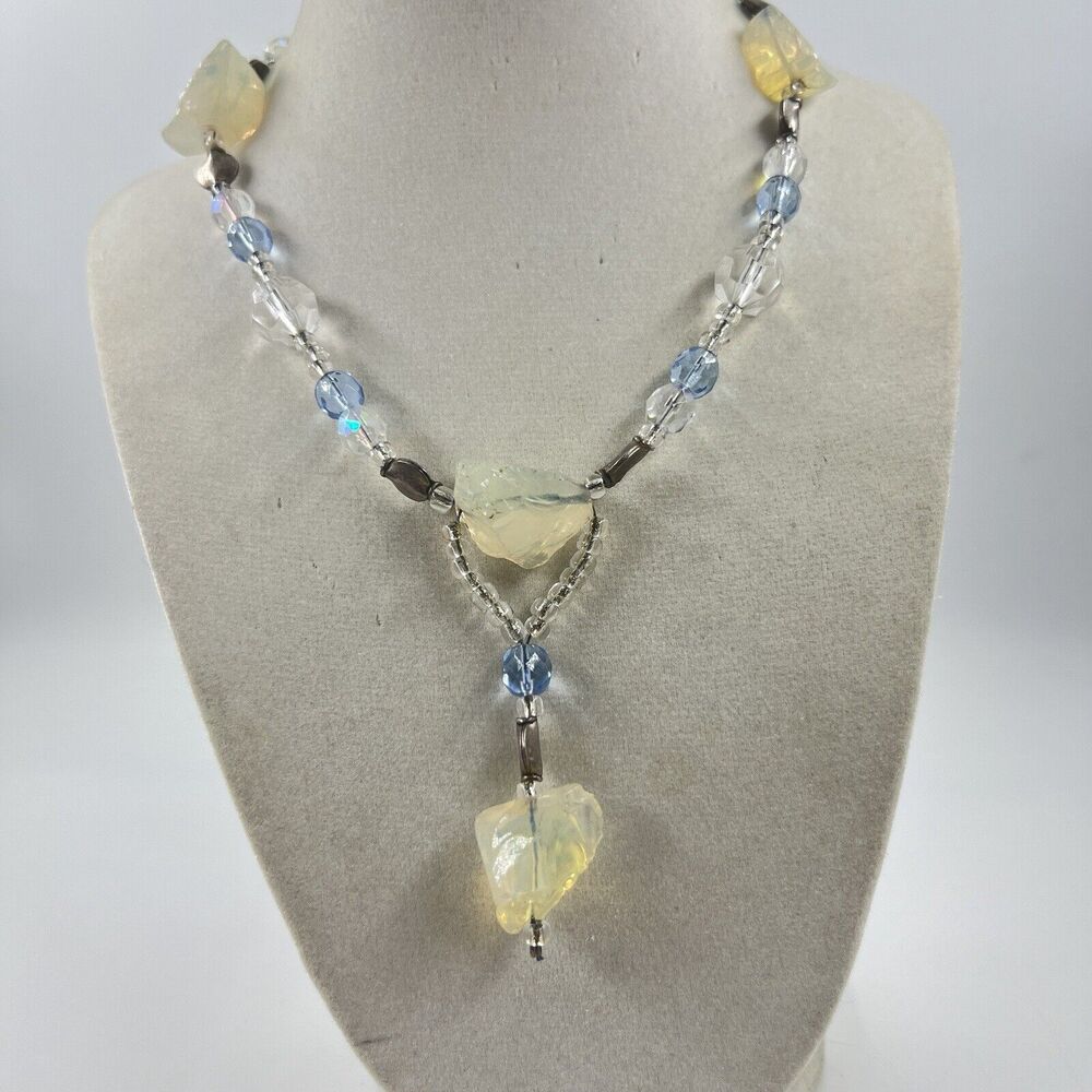 Rough Opalite Y Drop Necklace Sterling Clasp 13” Long Hand Crafted
